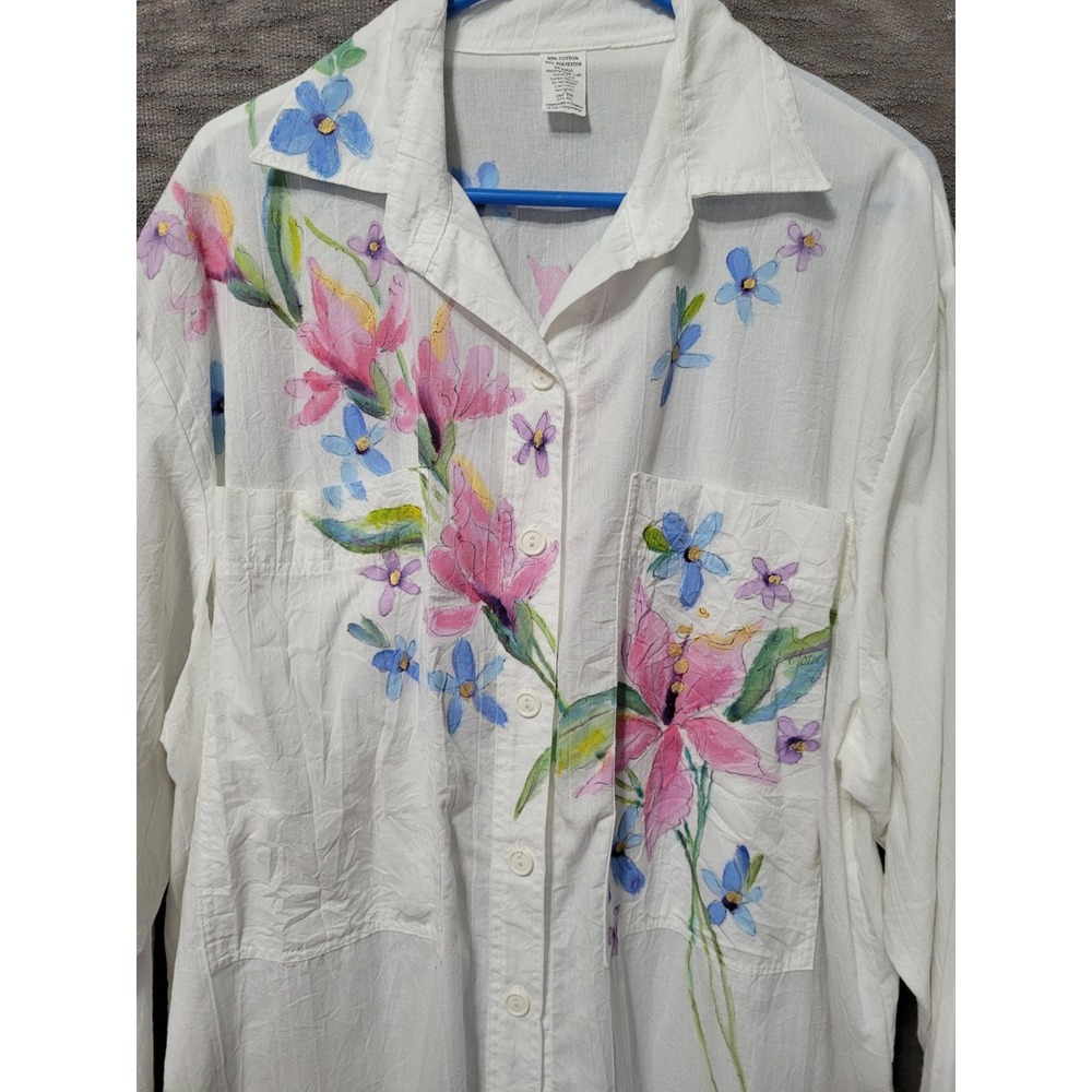 Womens White Floral Shirt Dress Swim Cover Up One Size Long Sleeve Midi Beach